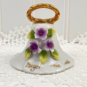 Vintage Enesco 1979 Bell "Forget Me Not" Gold Handle Purple African Violets 2.75